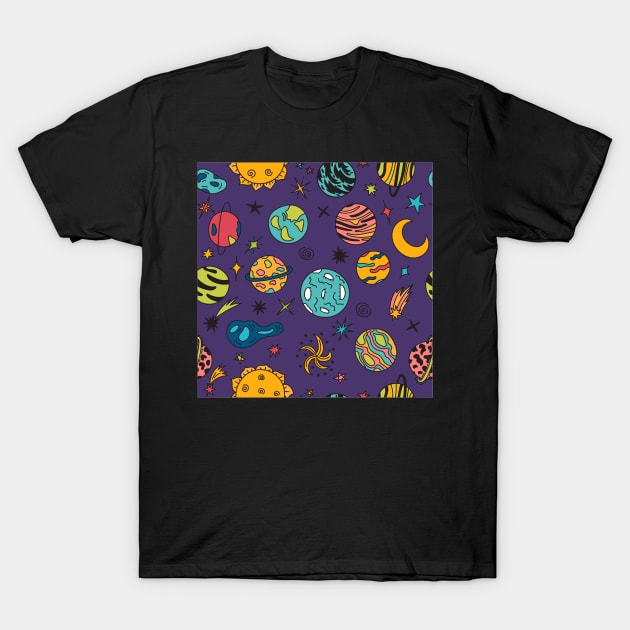 Cartoon Galaxy With Comets Asteroids Stars And Planets T-Shirt by Abeer Ahmad